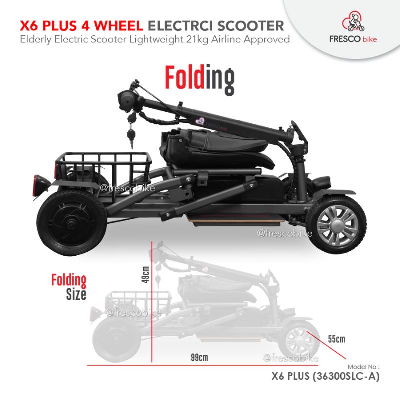 Side view of the Fresco X6 Plus Electric Scooter 4 Wheel Lightweight 21kg, designed for elderly use, shown in folded state. This lightweight marvel measures 98 cm in length, 55 cm in width, and 49 cm in height. Total weight is only 21 kg.