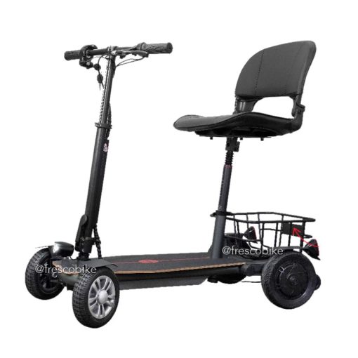 The Fresco X8 Electric Scooter features a black seat, four wheels, a rear basket, and handlebars. This lightweight 21kg scooter boasts a sturdy base and sleek design for easy maneuverability.