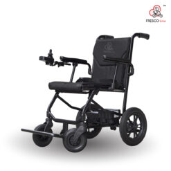 An electric wheelchair in black on a white background.
