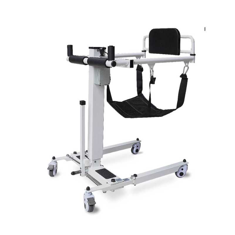 The Fresco Electric Transfer Chair Foldable for Car Premium is a top-tier white patient lift with black padding and support straps, featuring wheels for easy mobility and designed to safely transfer individuals. Additionally, it is foldable for convenient storage.