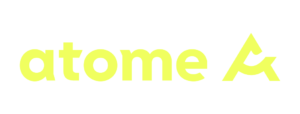 Yellow logo with the word "atome" featuring a stylized letter "a" at the end.