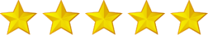 Five gold stars in a horizontal line, indicating a perfect rating or high-quality assessment.