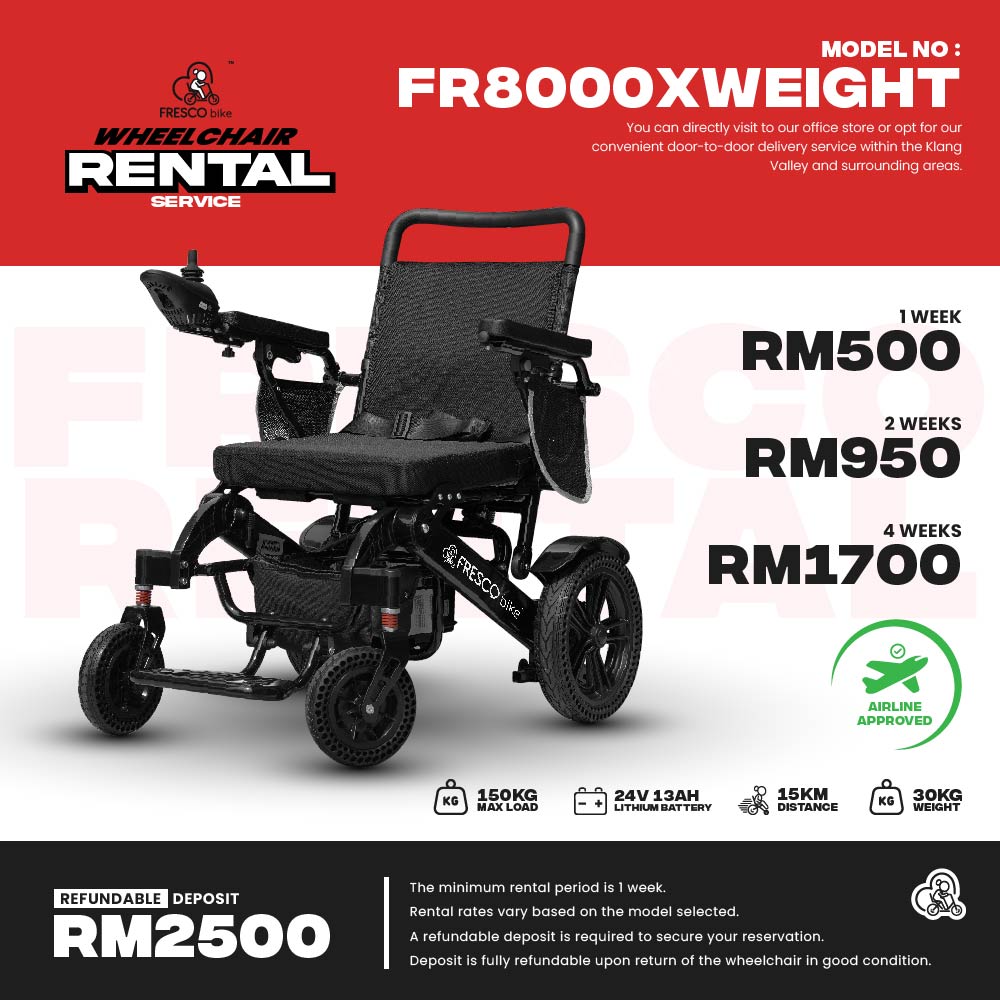 A promotional poster for the FR8000XWeight wheelchair rental service, featuring rental rates (RM500 for 1 week, RM950 for 2 weeks, RM1700 for 4 weeks) with a refundable deposit of RM2500.