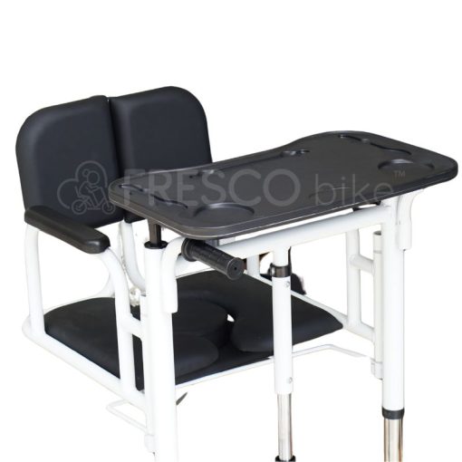 Elderly Shifting Patient Transfer Chair Hydraulic FDH004: White patient transfer chair with attached table, padded seat, and backrest. Ideal for elderly care.