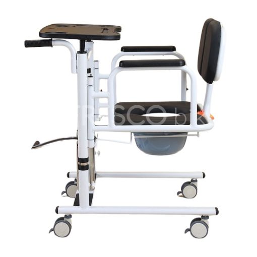 Elderly Shifting Patient Transfer Chair Hydraulic FDH004: A height-adjustable patient lift chair with commode, armrests, and a table for elderly care and medical use.
