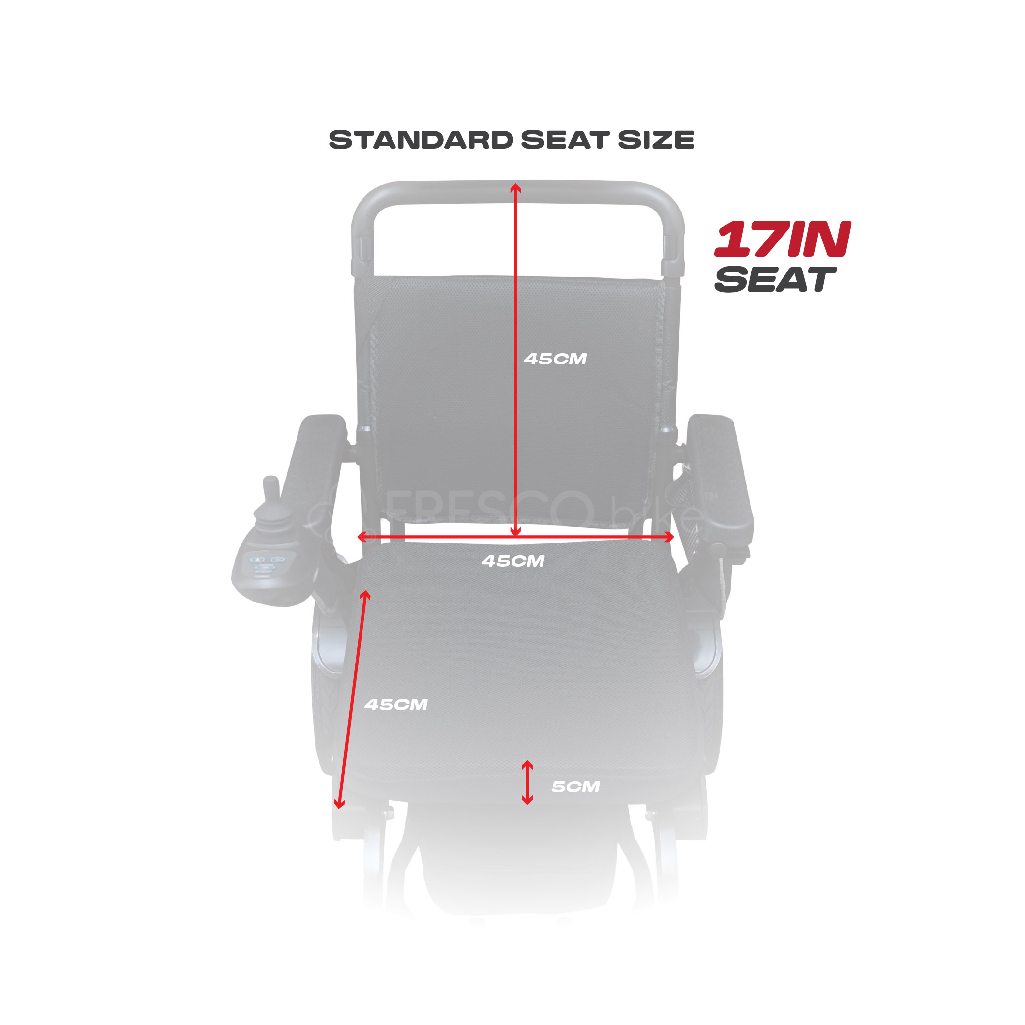 Diagram showing FR6019 electric wheelchair seat dimensions: 45cm wide, 45cm deep, 45cm high, 5cm seat height. 17in seat.