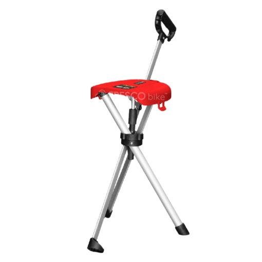 Tripod Chair Seat Cane Walking Stick FWJ178: Portable walking stick seat with a red folding chair and adjustable height.