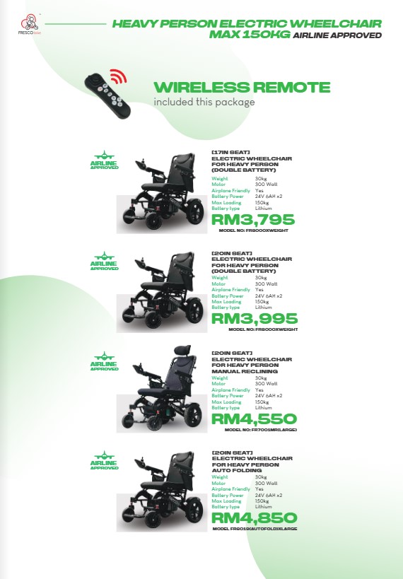 Four airline-approved electric wheelchairs for heavy persons; prices and model numbers shown.