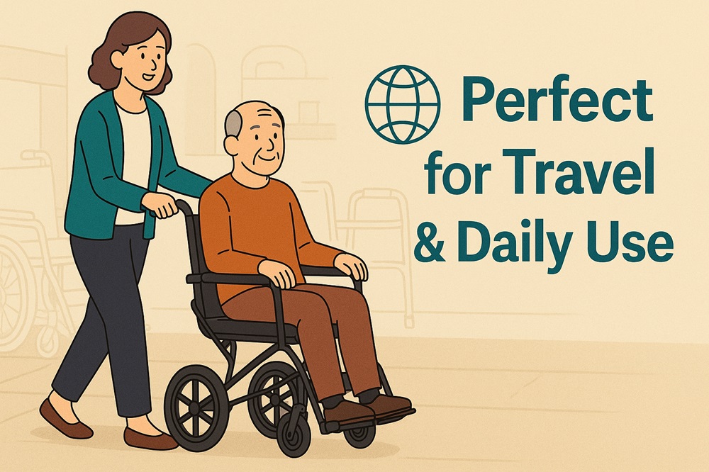 Woman assisting elderly man in a lightweight Fresco Bike travel wheelchair. Perfect for travel & daily use.