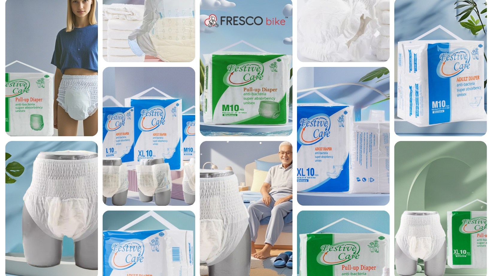 Festive Care adult diapers in various sizes, shown on models and packaging. Fresco Bike diapers for elderly care.
