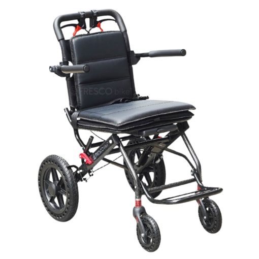 Lightweight Portable Wheelchair FAGAL007C: 9kg travel wheelchair, foldable, black frame with padded seat and backrest.