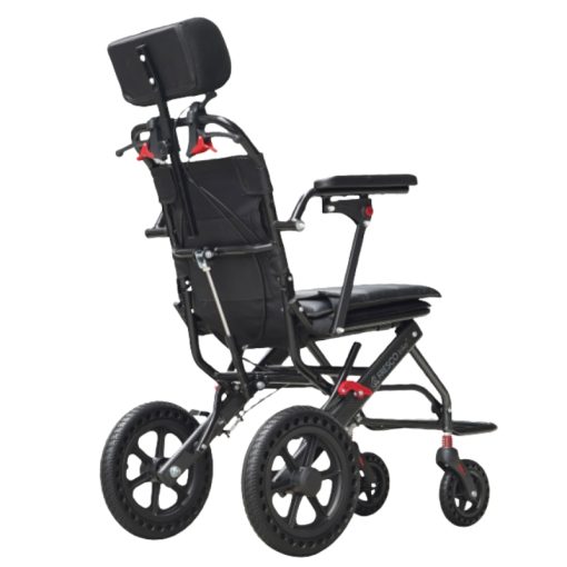 Lightweight Wheelchair FAGAL008: 9kg portable reclining wheelchair, ideal for travel. Features include headrest and adjustable armrests.