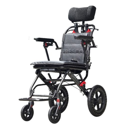 Lightweight Wheelchair FAGAL008: 9kg portable reclining travel wheelchair with headrest and adjustable armrests.