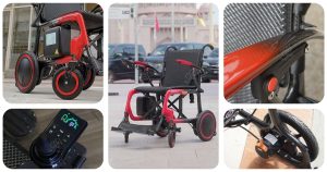 Sleek red carbon fiber electric wheelchair, lightweight and ideal for elderly care.