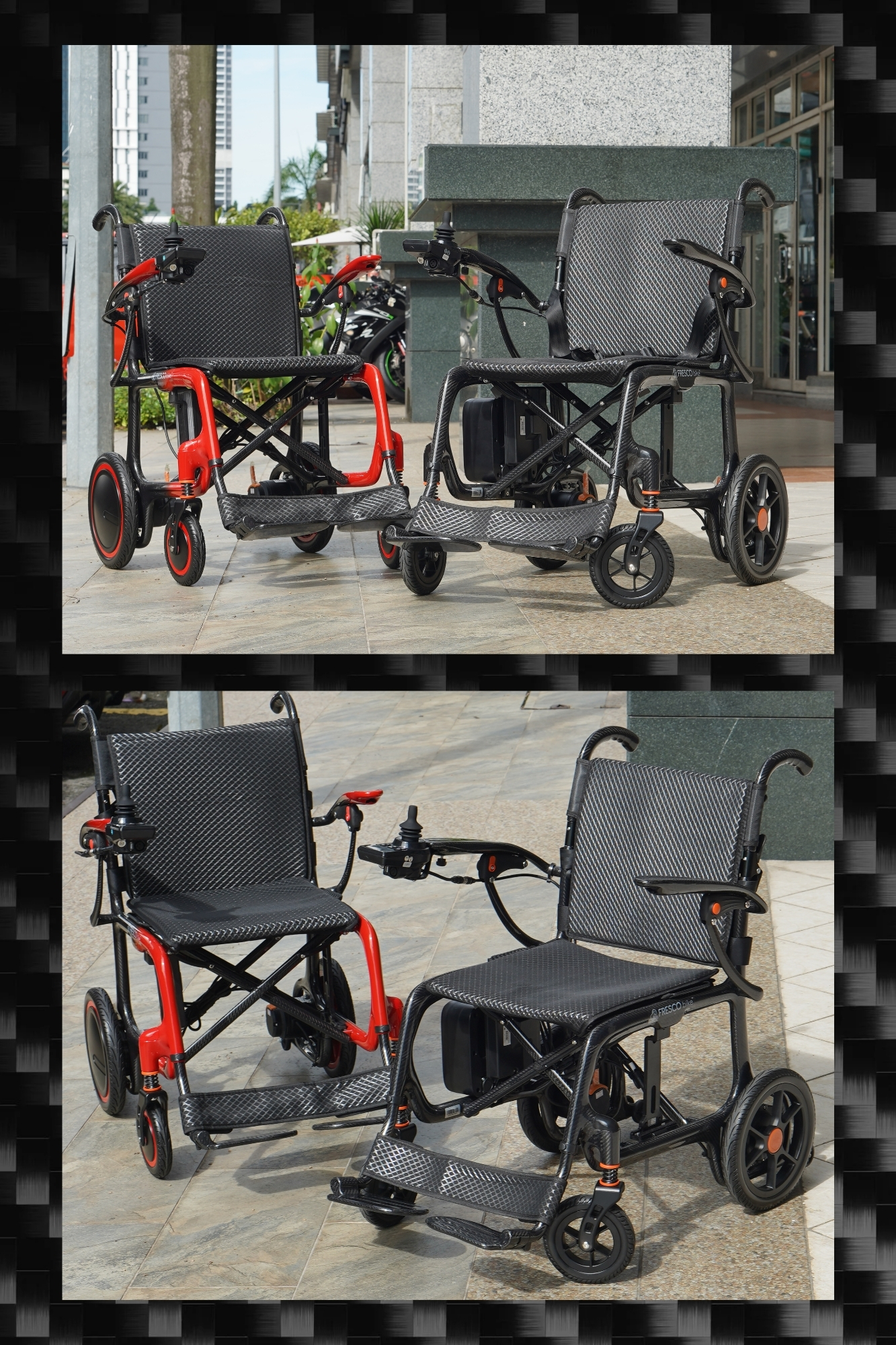 Two carbon fiber electric wheelchairs. One red, one black. Fresco Bike Lightweight electric wheelchair.