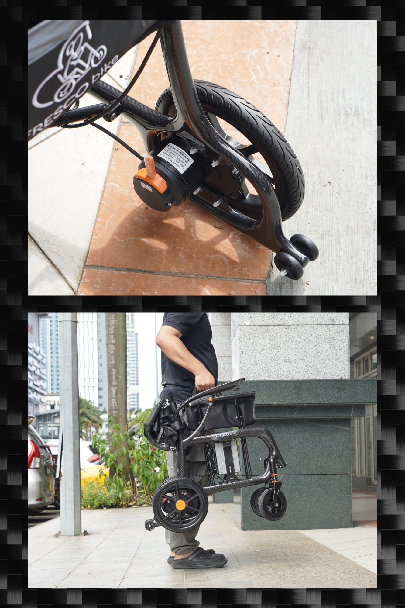 Fresco Bike carbon fiber electric wheelchair, folded for easy transport. Featuring the Fresco Bike logo.