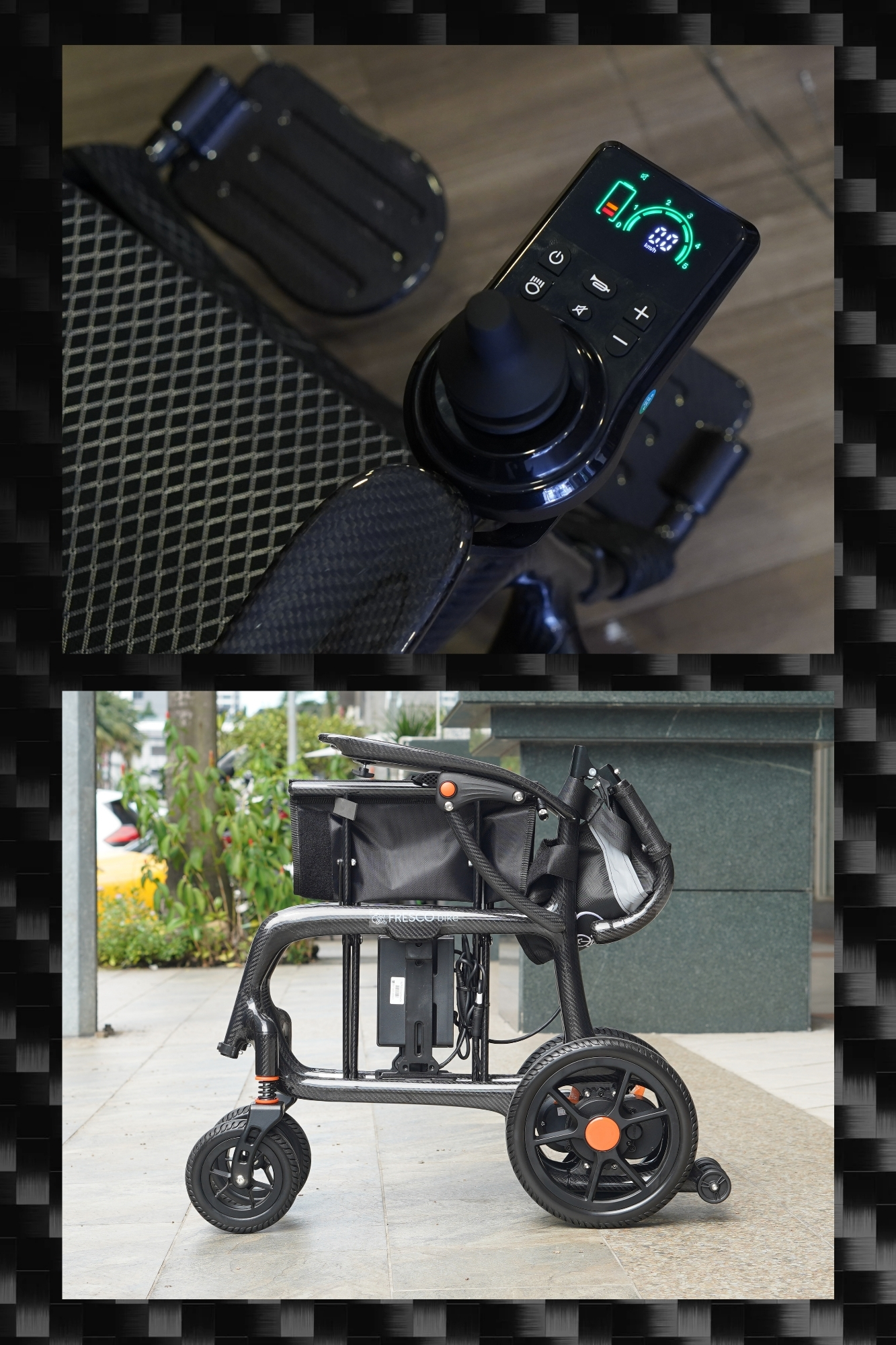 Carbon fiber electric wheelchair from Fresco Bike, showing control panel and folded design.
