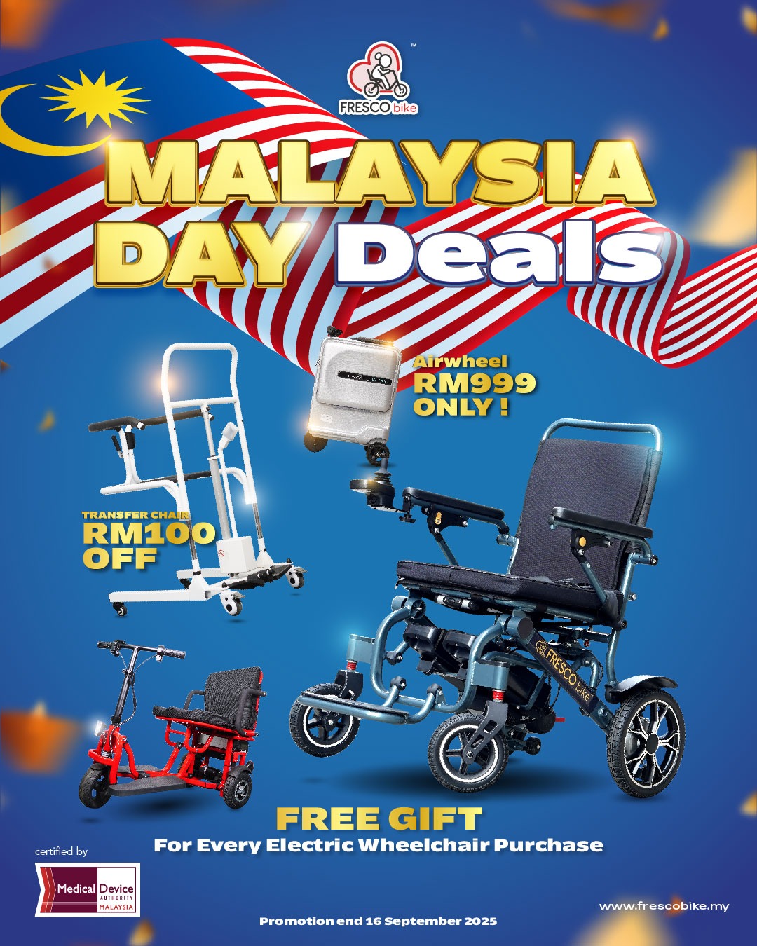 Malaysia Day deals on mobility scooters, wheelchairs, and transfer chairs. RM100 off transfer chairs!