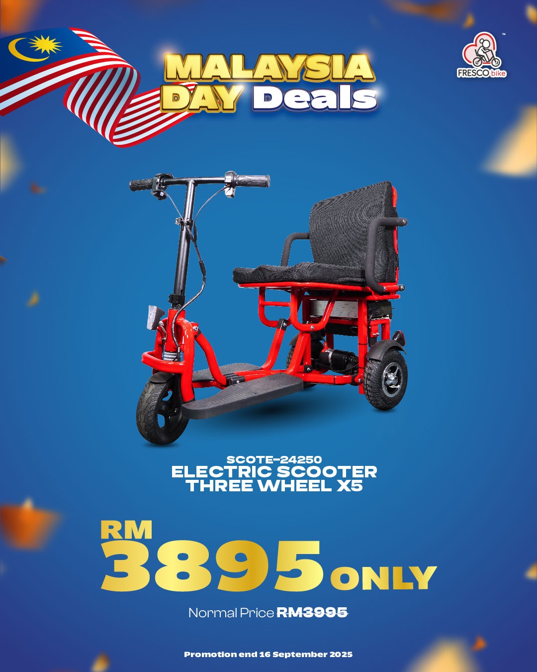 Red three-wheel electric scooter, Malaysia Day deal: RM3895