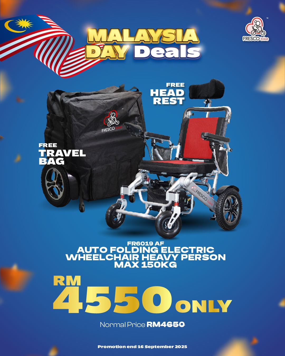 Malaysia Day deal: Auto-folding electric wheelchair, RM4550, free headrest & travel bag.
