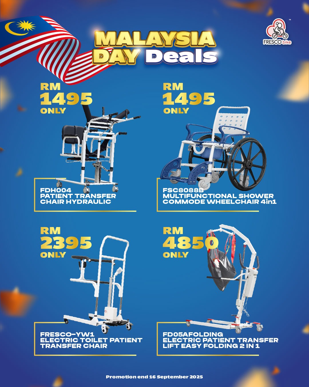 Malaysia Day deals on patient lifts, transfer chairs, and wheelchairs. Prices shown.