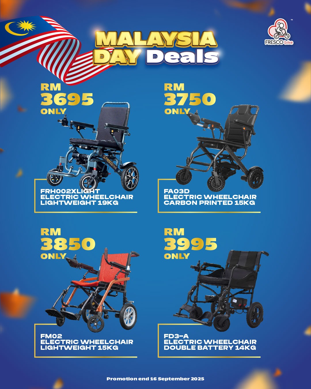 Malaysia Day deals on electric wheelchairs: RM 3695, RM 3750, RM 3850, RM 3995.