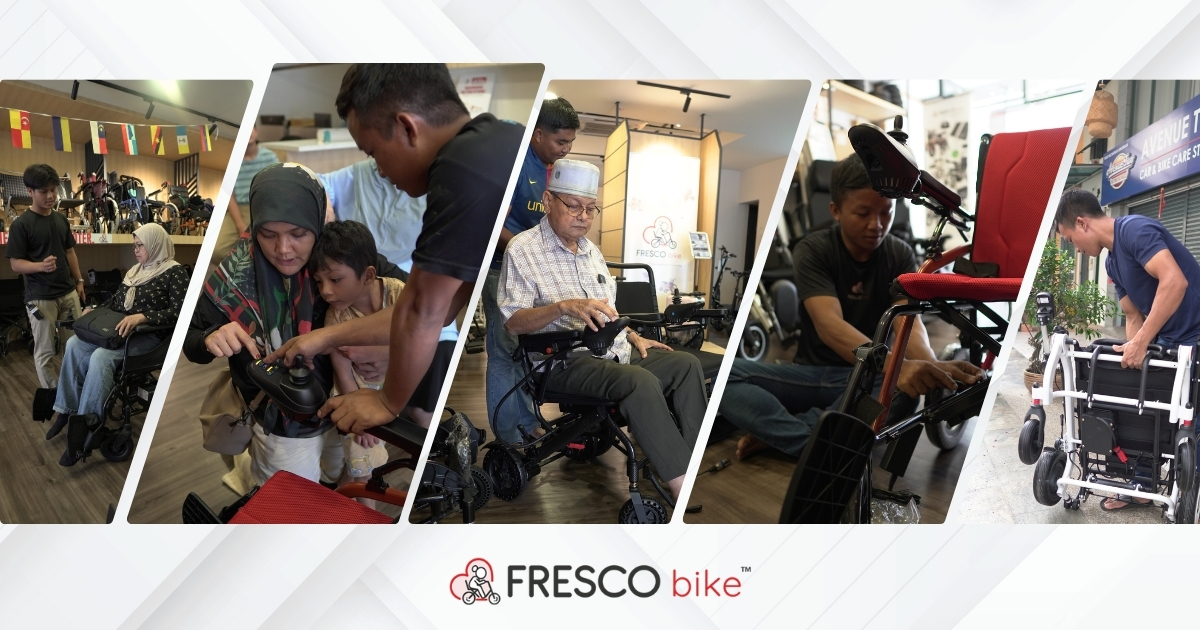 People testing and assembling electric wheelchairs at Fresco Bike in Malaysia. Electric wheelchair test drive.