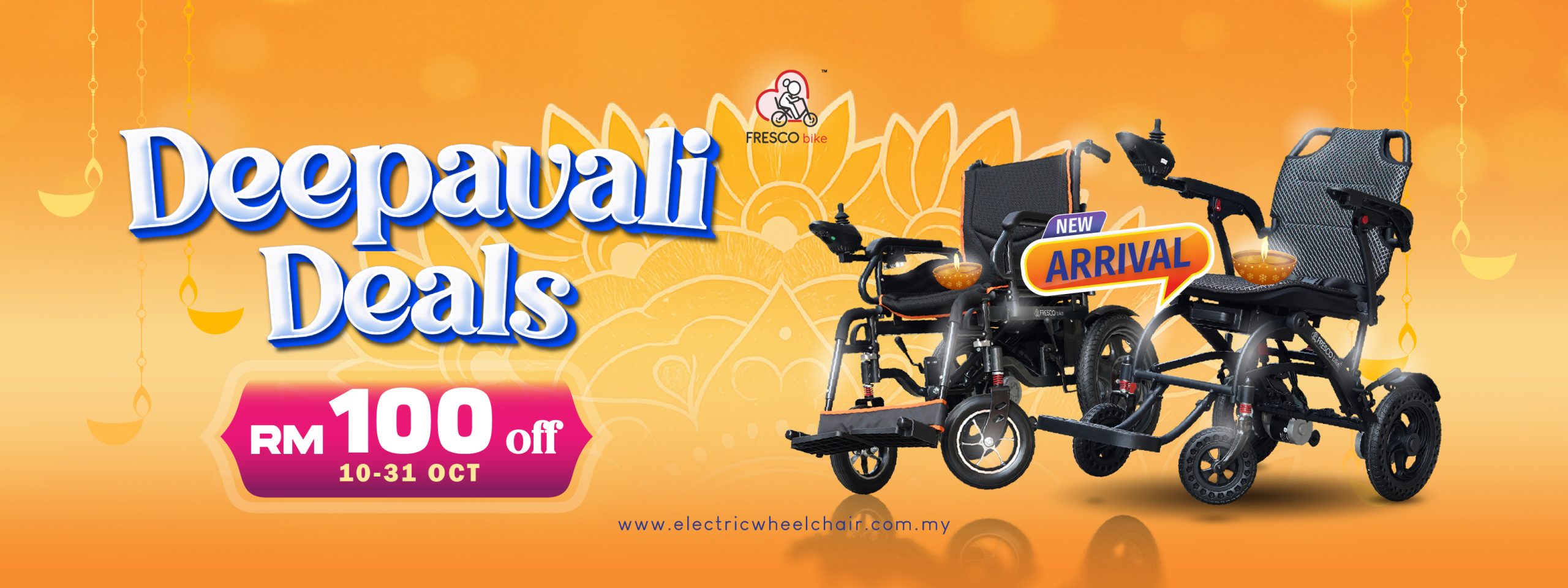 Deepavali Deals: Electric wheelchairs on sale with RM100 off! New Arrival! Mobility promotion from Fresco Bike. Malaysia Day Deals & wheelchair discount.