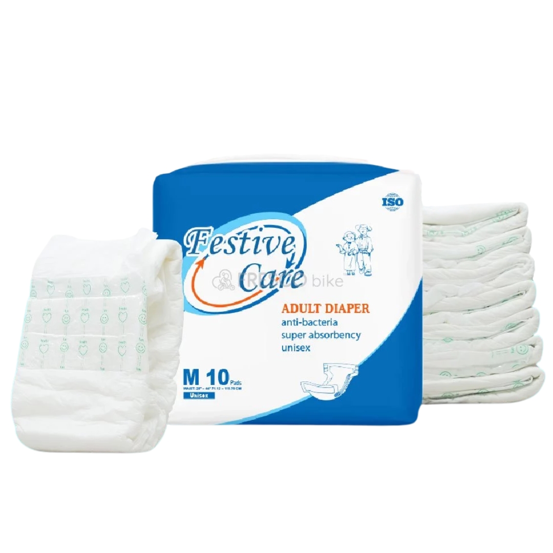 Adult Diaper: Anti-bacteria, super absorbency, unisex diaper in packaging and stacked.