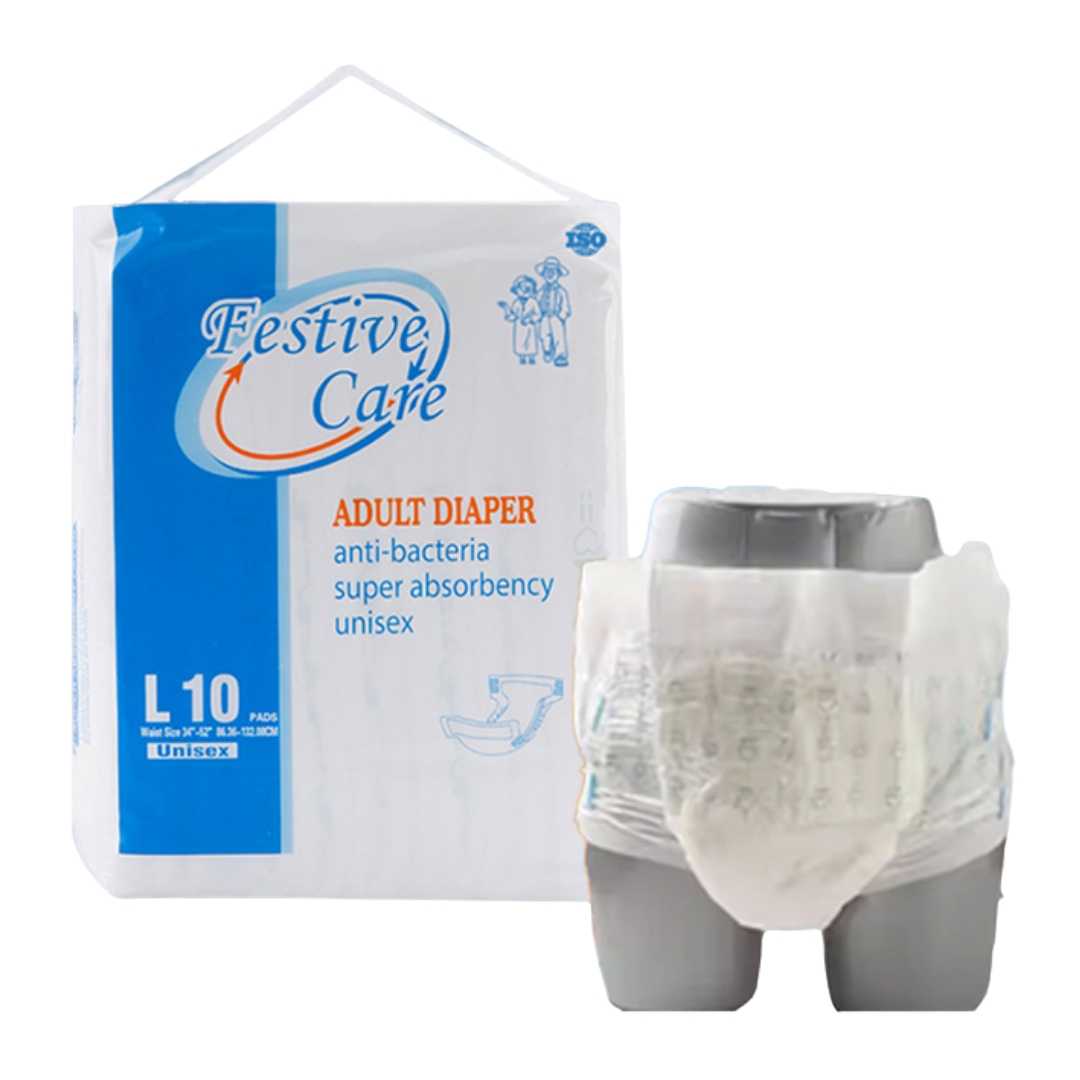 Festive Care Adult Diaper: Anti-bacteria, super absorbency, unisex, L size for waist 34-52 inches.