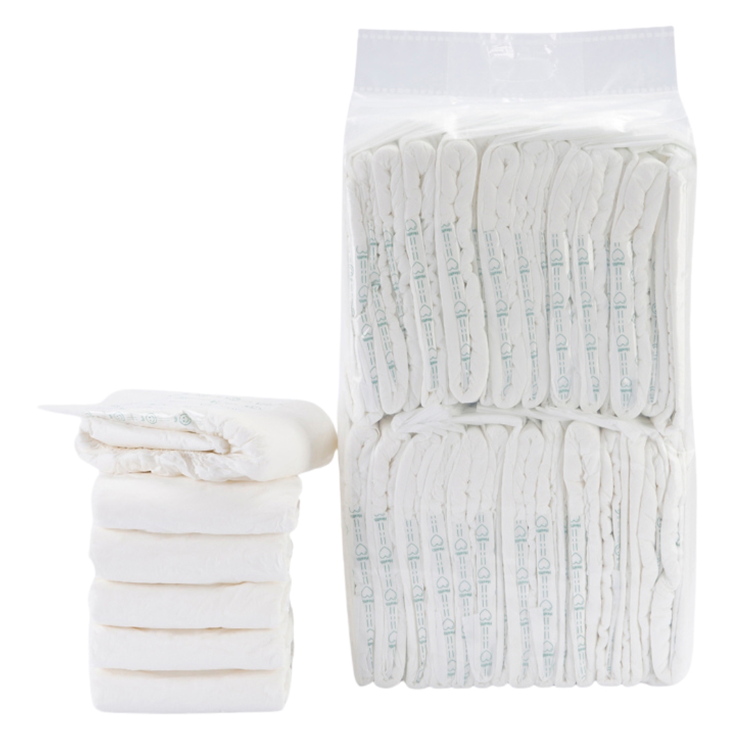 Adult Diaper Anti-Bacteria Super Absorbency Unisex DIAPER-FILM: Stack and pack of absorbent unisex diapers.