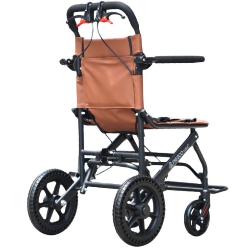 Travel Wheelchair 9kg Quick-Folding Steel Lightweight FAC-A06-12. Lightweight, portable wheelchair with brown seat and back.