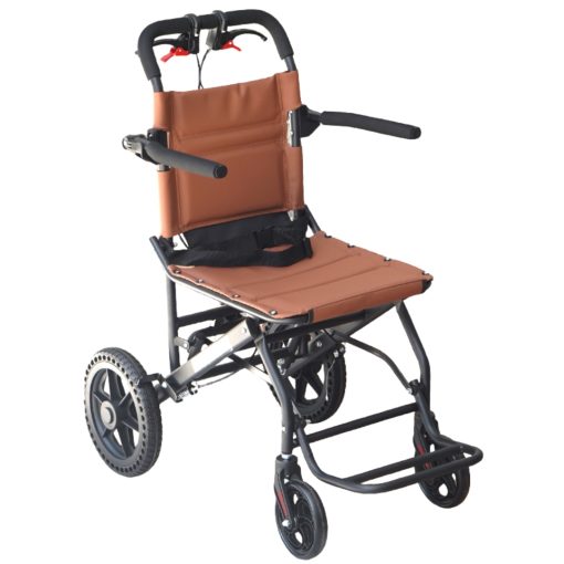 Travel Wheelchair 9kg Quick-Folding Steel Lightweight FAC-A06-12: Lightweight, foldable travel wheelchair with brown seat and back.