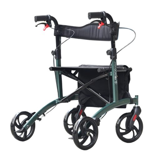 Rollator Walker FAC919T: Lightweight, adjustable, foldable carbon steel frame with seat and backrest; weighs 8.5kg.