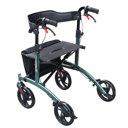 Rollator Walker With Seat Backrest FAC919T: Foldable, adjustable green carbon steel frame, lightweight at 8.5kg.