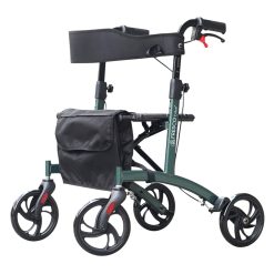 Rollator Walker FAC919T: Foldable carbon steel frame rollator with seat, backrest, and storage bag.