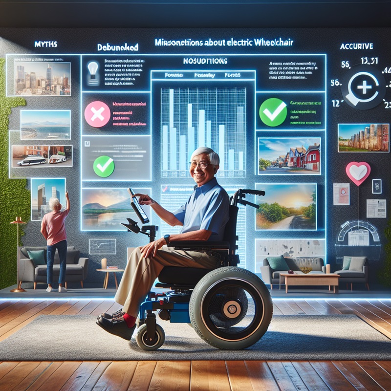 Happy man in an electric wheelchair, with information about electric wheelchairs displayed on a screen. Electric wheelchair buying guide.