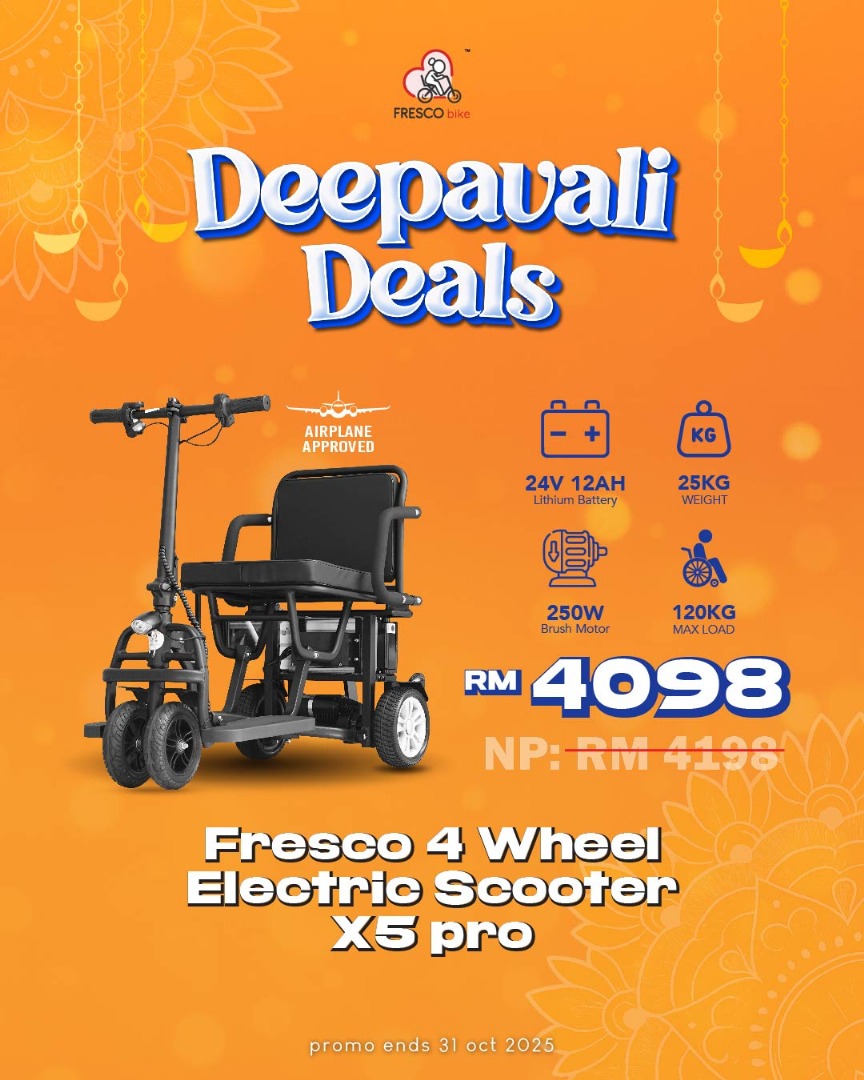 Fresco 4 Wheel Electric Scooter X5 Pro Deepavali Deals: RM4098. Mobility promotion on electric wheelchair.