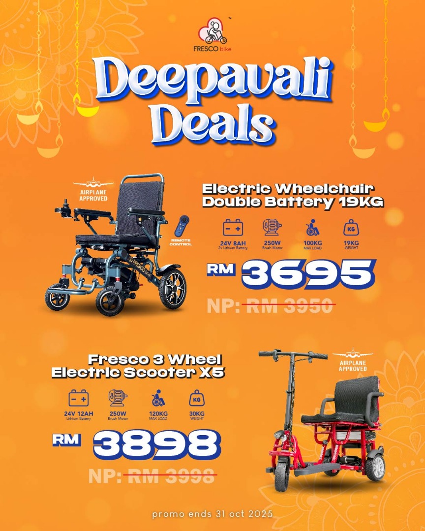 Deepavali Deals: Electric wheelchair and Fresco 3 Wheel Electric Scooter X5. Mobility promotion, Malaysia Day Deals!