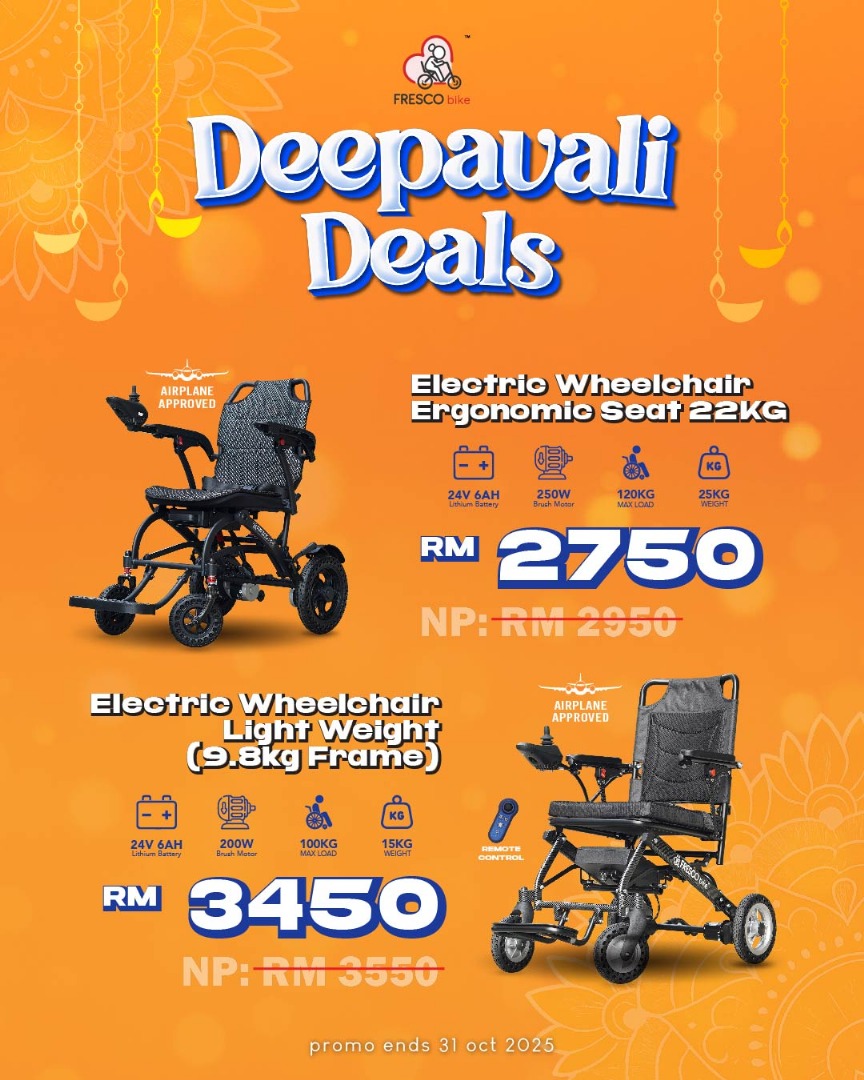 Deepavali Deals on Electric Wheelchairs by Fresco Bike. Ergonomic seat & lightweight models available. Mobility promotion in Malaysia.
