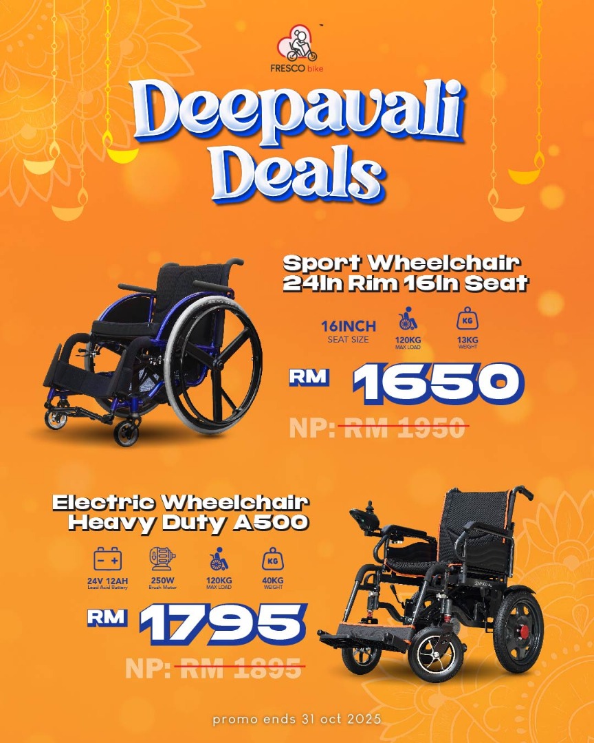 Deepavali Deals: Fresco Bike electric wheelchair and sport wheelchair discounts. Mobility promotion on now!