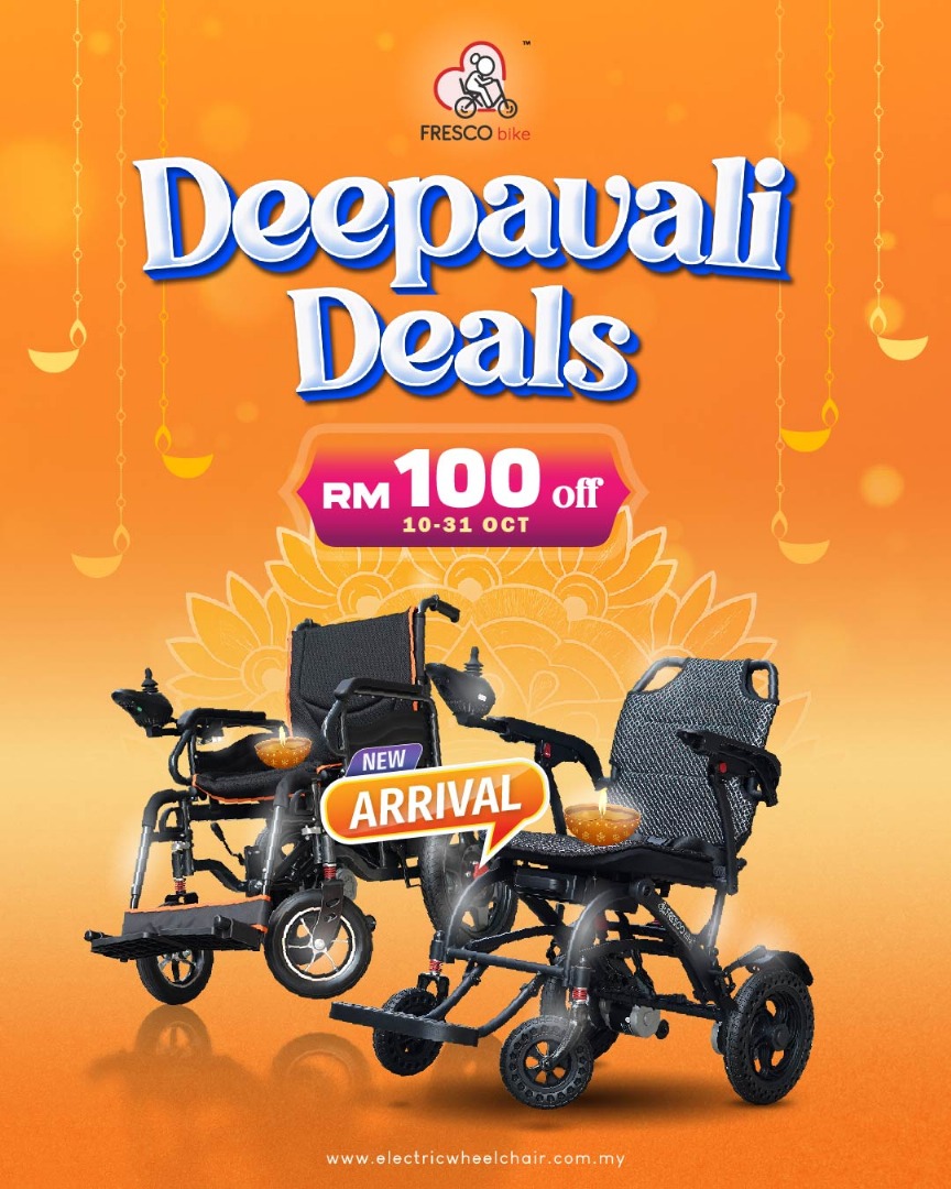 Deepavali Deals: Fresco Bike electric wheelchair promotion with RM100 off. New Arrival wheelchair discount.