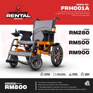 Image of an orange and black rental wheelchair with details about the rental service, including prices for different durations, deposit required, features of the wheelchair, and contact information.