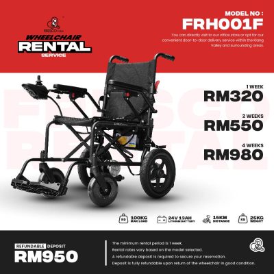 Image of a wheelchair available for rental with details: Model No: FRH001F. Prices: 1 week RM320, 2 weeks RM550, 4 weeks RM980. Refundable deposit: RM950. Weight capacity: 100kg. Distance: 15km.