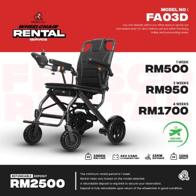 Image features a promotional flyer for Fresco Life's wheelchair rental service. The wheelchair model is FA03D, with prices listed for 1 week (RM500), 2 weeks (RM950), and 4 weeks (RM1700). Refundable deposit RM2500.